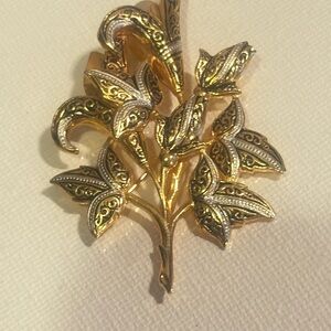 Damascene Brooch Flower Bouquet Bow Floral Vintage Spanish Estate Pin